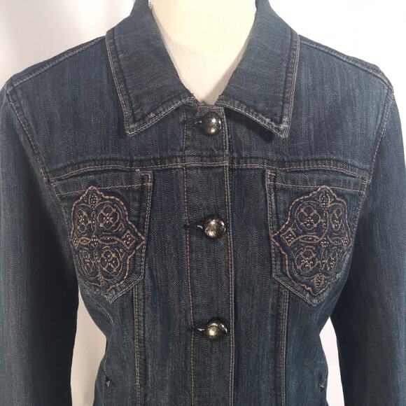 CODE BLEU | Denim Jean Jacket Embroidered Front Pockets side slit pockets Sz M - Picture 2 of 8
